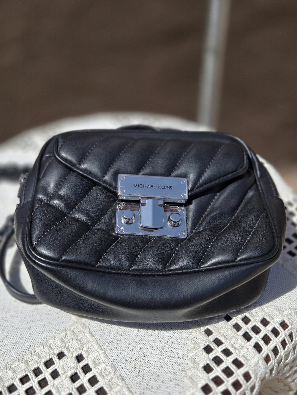MICHAEL KORS Black Quilted Leather Crossbody with Silver Lock Closure